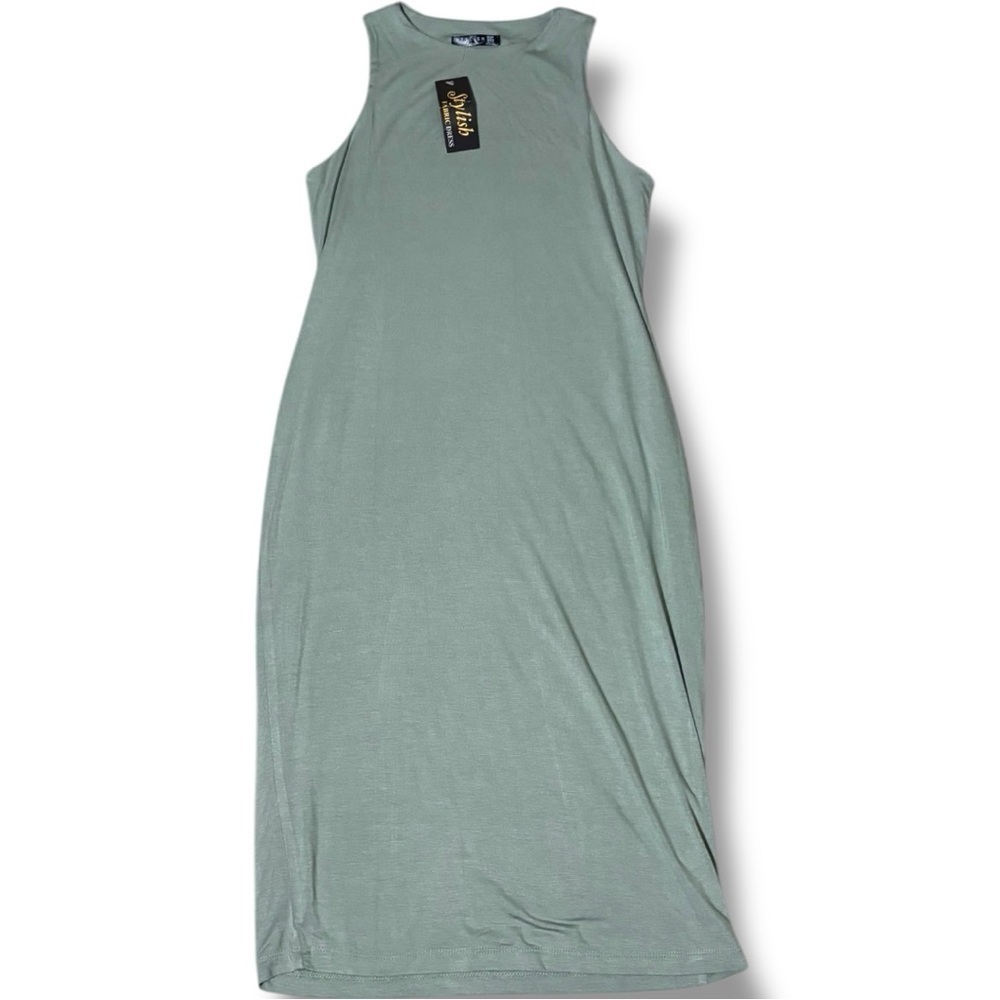 Stylish NWT Green Sleeveless Crewneck Sheath Style Bodycon Midi Dress - Picture 11 of 15
